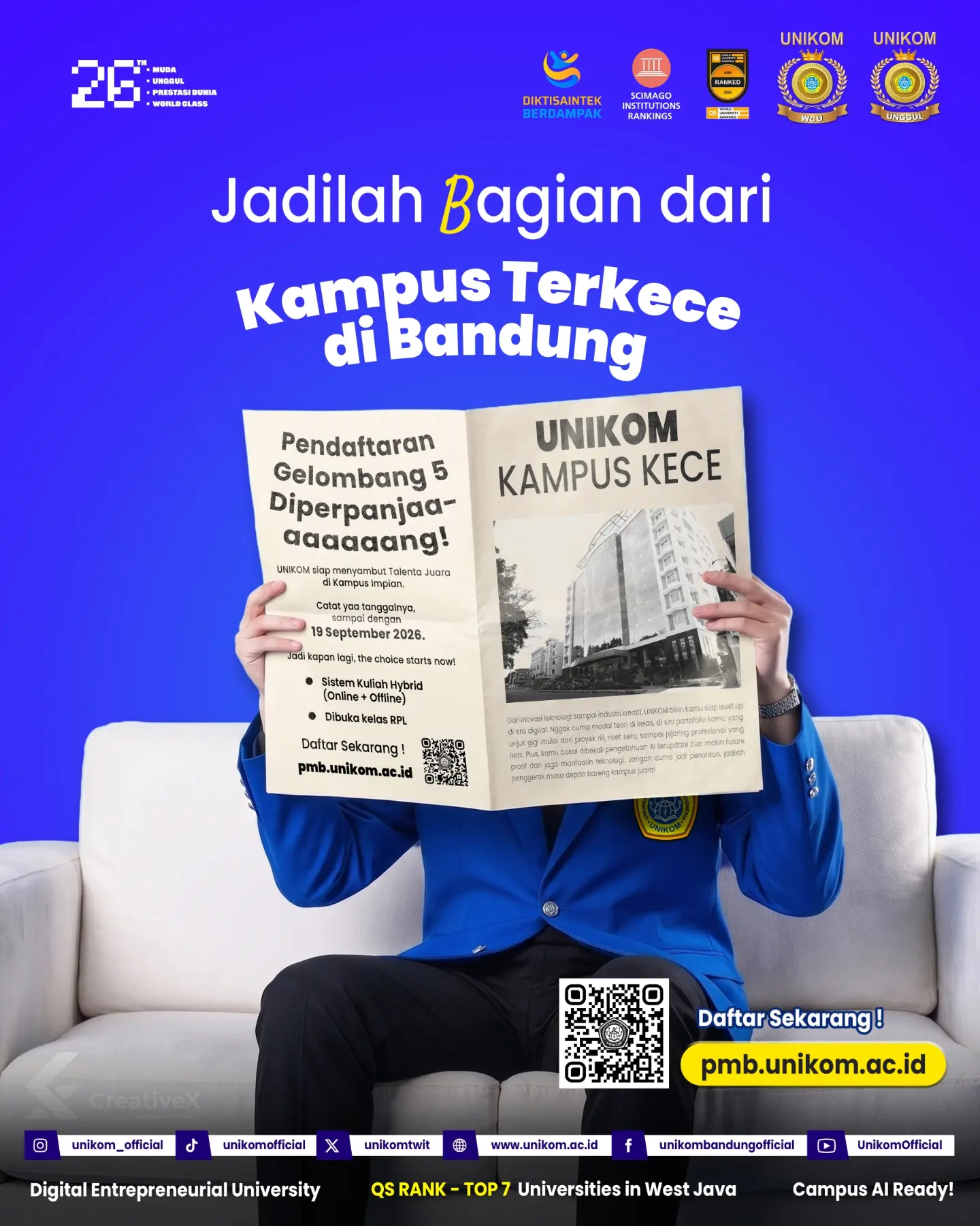 Pendaftaran PMB UNIKOM Gelombang 5 resmi diperpanjang hingga 19 September 2026.
